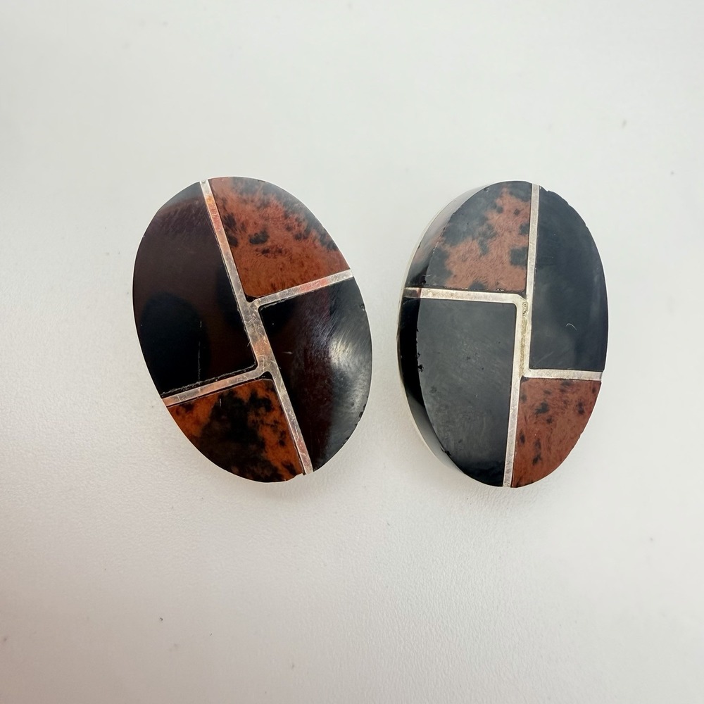 Vtg Taxco TS-101 Inlay Onyx Modernist Earrings 950 Silver 14 Grams Clip On